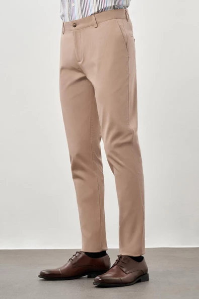 Koyu Bej Pamuklu Yandan Cepli Casual Slim Fit Chino Pantolon 1003245168 - Resim 3