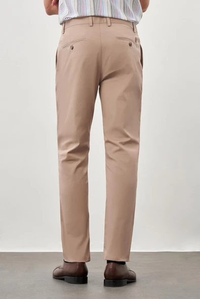 Koyu Bej Pamuklu Yandan Cepli Casual Slim Fit Chino Pantolon 1003245168 - Resim 4