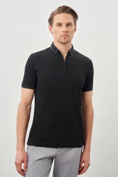 Siyah Kısa Kol Düz Pike Polo Yaka Cepsiz Pamuk Casual Slim Fit Tişört 1011245900_001