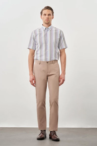 Koyu Bej Pamuklu Yandan Cepli Casual Slim Fit Chino Pantolon 1003245168 - Resim 2