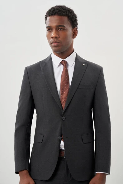 Koyu Antrasit Düz Kılıç Yaka Yünlü 6 Drop Slim Fit Classic Takım Elbise 1001245179 - 3