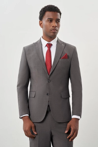 Gri Düz Kılıç Yaka Yünlü 6 Drop Slim Fit Classic Takım Elbise 1001245179 - 2