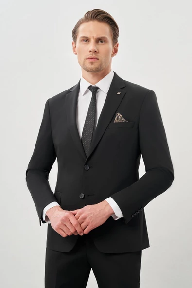 Siyah Düz Mono Yaka Esnek 6 Drop Slim Fit Classic Takım Elbise 1001245178 - 3