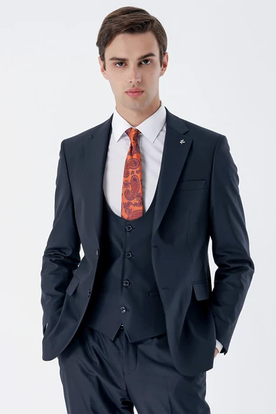 Lacivert Mono Yaka Çift Yırtmaç Yelekli 6 Drop Slim Fit Dar Kesim Basic Takım Elbise 1001245186 - Resim 6