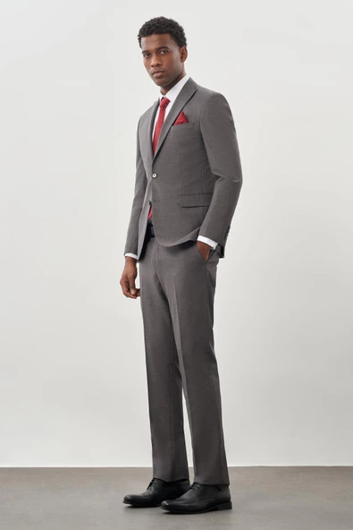 Gri Düz Kılıç Yaka Yünlü 6 Drop Slim Fit Classic Takım Elbise 1001245179