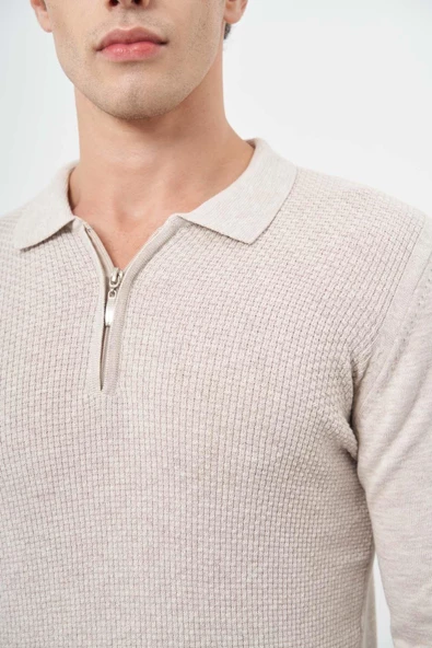 Bej Uzun Kol Kendinden Desenli Örme Polo Yaka Classic Comfort Fit Triko 1012245156 - Resim 4