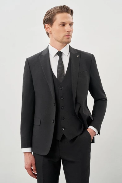 Koyu Antrasit Bez Ayağı Mono Yaka Tam Astar Esnek 6 Drop Comfort Fit Takım Elbise 1001245900 - 3