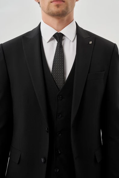 Siyah Bez Ayağı Mono Yaka Tam Astar Esnek 6 Drop Slim Fit Takım Elbise 1001245900 - Resim 4