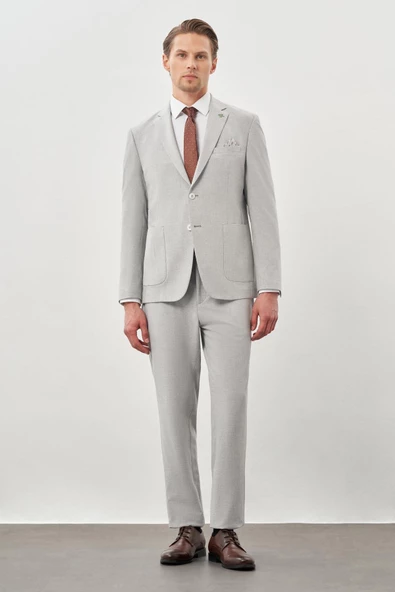 Gri Gofreli Mono Yaka Beli Lastikli Esnek 6 Drop Slim Fit Takım Elbise 1001245270