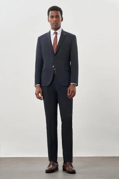 Koyu Lacivert Düz Mono Yaka Esnek 6 Drop Slim Fit Classic Takım Elbise 1001245178