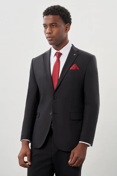 Siyah Düz Mono Yaka Yünlü 6 Drop Comfort Fit Classic Takım Elbise 1001245180 - 2