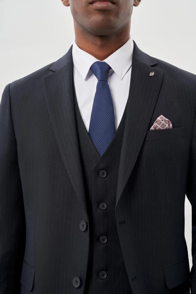 Koyu Lacivert Bez Ayağı Kılıç Yaka Tam Astar Yelekli 6 Drop Slim Fit Takım Elbise 1001245177 - 4