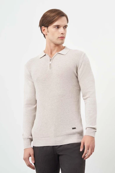 Bej Uzun Kol Kendinden Desenli Örme Polo Yaka Classic Comfort Fit Triko 1012245156 ürün görseli