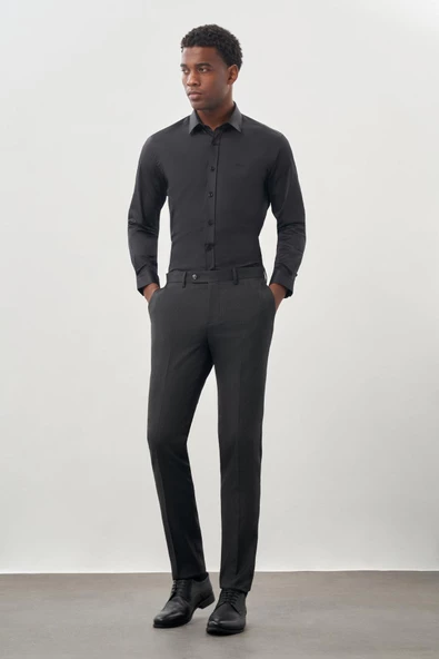 Koyu Antrasit Esnek Yandan Cepli Slim Fit Classic Pantolon 1003245209 - Resim 2