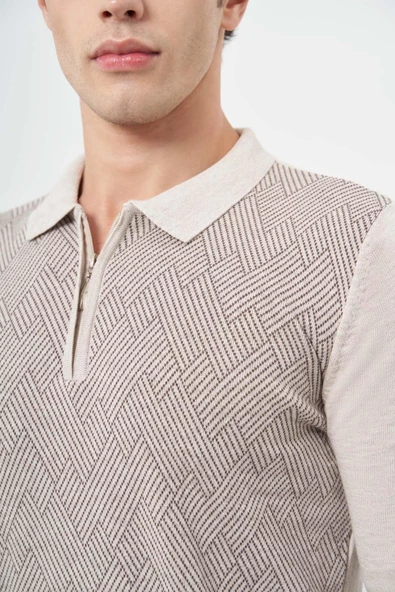 Bej Uzun Kol Kendinden Desenli Örme Polo Yaka Classic Comfort Fit Triko 1012245160 - Resim 4