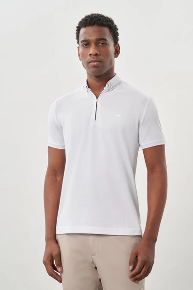 Beyaz Kısa Kol Düz Pike Polo Yaka Cepsiz Pamuk Casual Slim Fit Tişört 1011245900_600