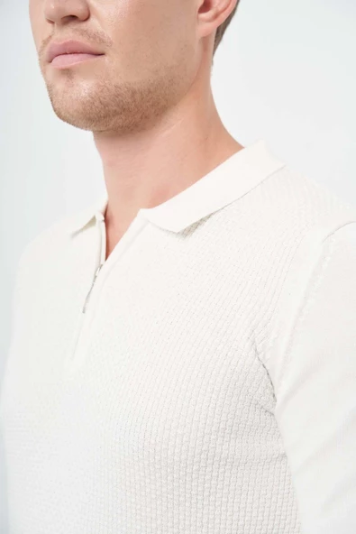 Beyaz Uzun Kol Kendinden Desenli Örme Polo Yaka Classic Comfort Fit Triko 1012245156 - Resim 5