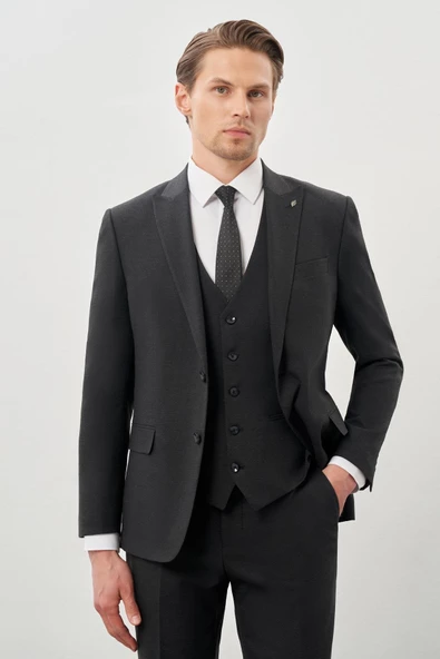 Koyu Antrasit Bez Ayağı Mono Yaka Tam Astar Esnek 6 Drop Comfort Fit Takım Elbise 1001245900 - 2
