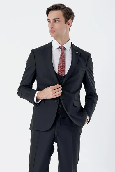 Siyah Mono Yaka Çift Yırtmaç Yelekli 6 Drop Slim Fit Dar Kesim Basic Takım Elbise 1001245186 - 4