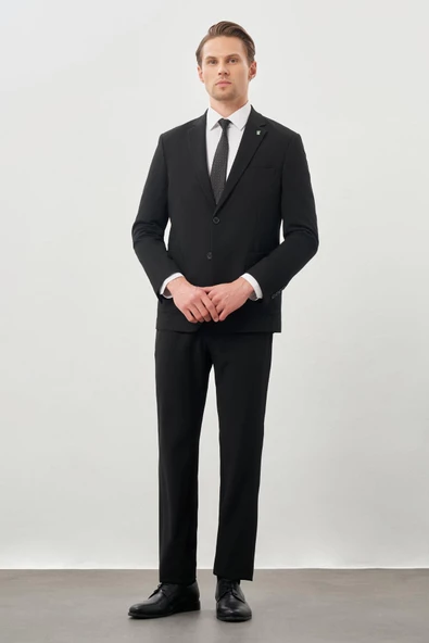 Siyah Gofreli Mono Yaka Beli Lastikli Esnek 6 Drop Slim Fit Takım Elbise 1001245270