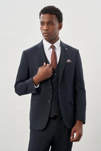 Koyu Lacivert Bez Ayağı Mono Yaka Tam Astar Esnek 6 Drop Comfort Fit Takım Elbise 1001245900 - Resim 2