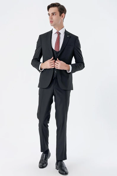 Siyah Mono Yaka Çift Yırtmaç Yelekli 6 Drop Slim Fit Dar Kesim Basic Takım Elbise 1001245186 - 3