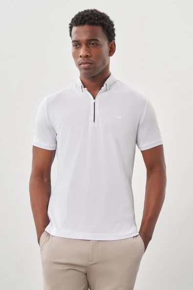 Beyaz Kısa Kol Düz Pike Polo Yaka Cepsiz Pamuk Casual Slim Fit Tişört 1011245900_600 - Resim 3