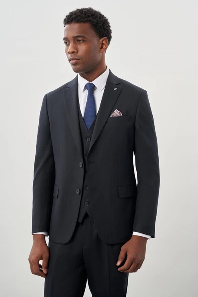 Koyu Lacivert Bez Ayağı Kılıç Yaka Tam Astar Yelekli 6 Drop Slim Fit Takım Elbise 1001245177 - 3