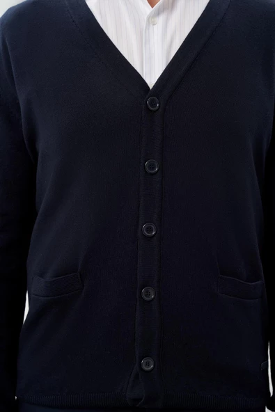Koyu Lacivert Uzun Kol Örme V Yaka Comfort Fit Rahat Kesim Klasik Triko - 4