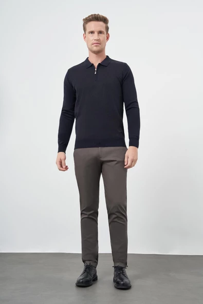 Koyu Lacivert Uzun Kol Kendinden Desenli Örme Polo Yaka Classic Comfort Fit Triko 1012245160 - 2