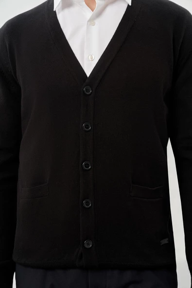 Siyah Uzun Kol Örme V Yaka Comfort Fit Rahat Kesim Klasik Triko - 4