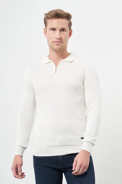 Beyaz Uzun Kol Kendinden Desenli Örme Polo Yaka Classic Comfort Fit Triko 1012245156 - Resim 4