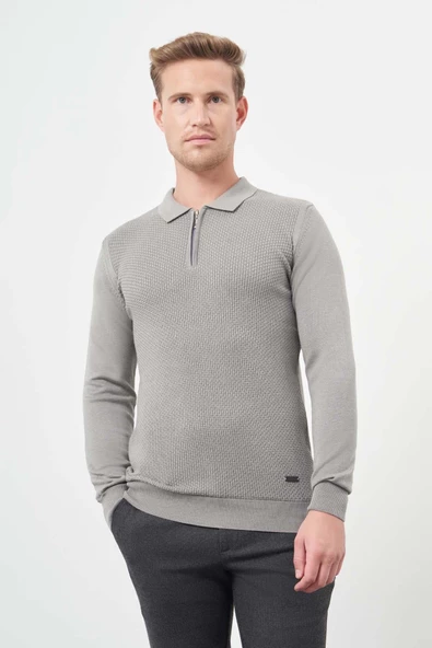 Gri Uzun Kol Kendinden Desenli Örme Polo Yaka Classic Comfort Fit Triko 1012245156 ürün görseli