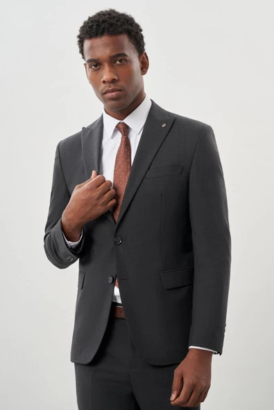 Koyu Antrasit Düz Kılıç Yaka Yünlü 6 Drop Slim Fit Classic Takım Elbise 1001245179 - 2