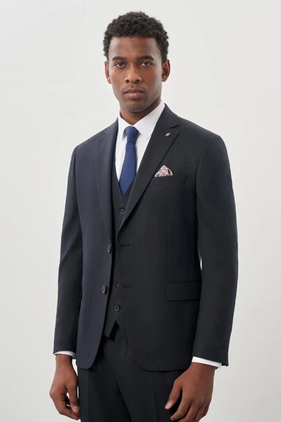 Koyu Lacivert Bez Ayağı Kılıç Yaka Tam Astar Yelekli 6 Drop Slim Fit Takım Elbise 1001245177 - 2