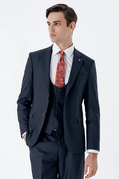 Lacivert Mono Yaka Çift Yırtmaç Yelekli 6 Drop Slim Fit Dar Kesim Basic Takım Elbise 1001245186 - Resim 4