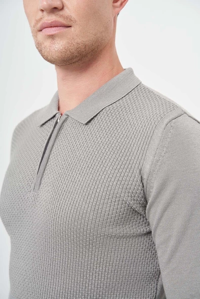 Gri Uzun Kol Kendinden Desenli Örme Polo Yaka Classic Comfort Fit Triko 1012245156 - Resim 4