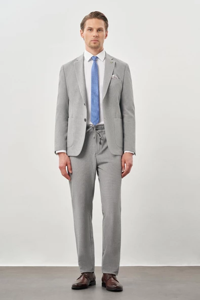 Gri Gofreli Mono Yaka Beli Lastikli Esnek 6 Drop Slim Fit Takım Elbise 1001245270