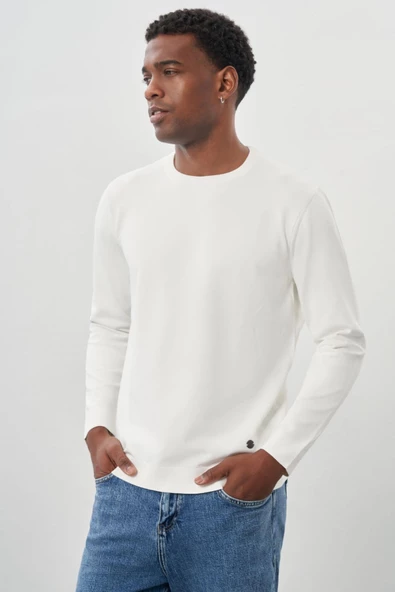 Açık Krem Uzun Kollu Örme Bisiklet Yaka Pamuklu Slim Fit Dar Kesim Triko 1012245151 - 3