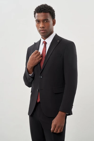 Siyah Düz Kılıç Yaka Yünlü 6 Drop Slim Fit Classic Takım Elbise 1001245179 - 3