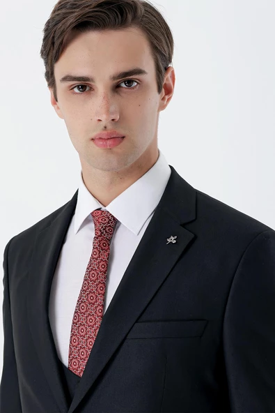 Siyah Mono Yaka Çift Yırtmaç Yelekli 6 Drop Slim Fit Dar Kesim Basic Takım Elbise 1001245186 - 6