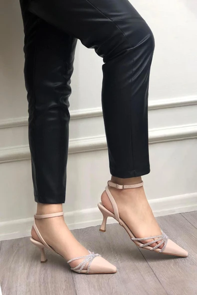 Papuç Sepeti 145 Kadın Taşlı Arkası Açık 6 Cm Topuklu Ayakkabı - Resim 6