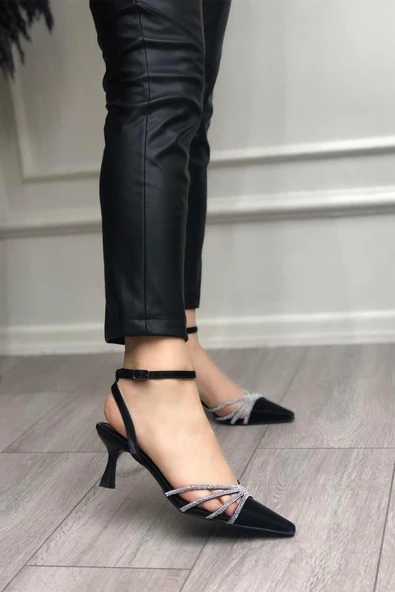 Papuç Sepeti 145 Kadın Taşlı Arkası Açık 6 Cm Topuklu Ayakkabı - Resim 5