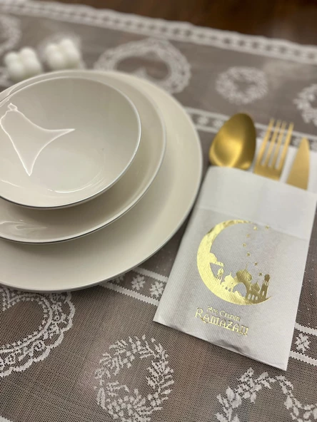 Gold Yaldızlı Beyaz Hoşgeldin Ramazan Yeni Ay Desenli Cepli Peçete 12 li