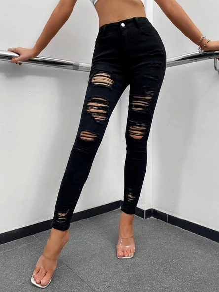 Kadın Yüksek Bel Slim Fit Lazer Kesim Yırtık Pantolon - 4
