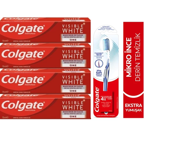 Colgate Visible White Maksimum Beyazlık Diş Macun 75 ml + Mikro Ince Advanced Manuel Diş Fırçası 4+1