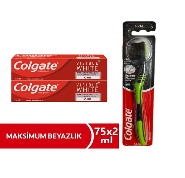 Colgate Visible White Maksimum Beyazlık Diş Macun 75 ml+Colgate Süper Clean Black Orta Diş Fırça 2+1