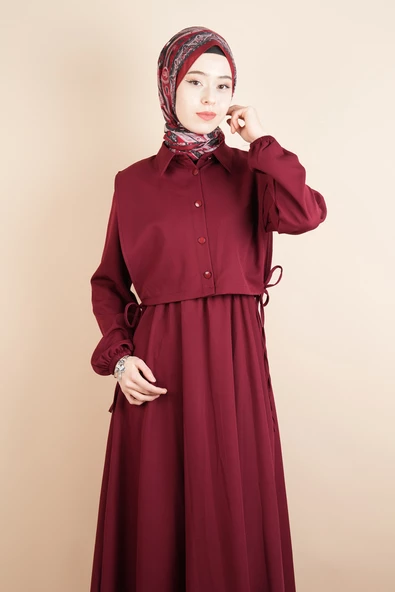 Tesettür Takım Gömlek Süveter Elbise Bukre Takım Bordo - 3