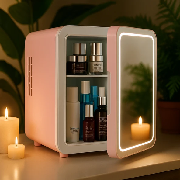 Mioji Mio 212 4L LED Işıklı Kozmetik Makyaj Krem Sıcak ve Soğuk Ayarlı Taşınabilir Fridge Mini Dolap - Pembe - 3