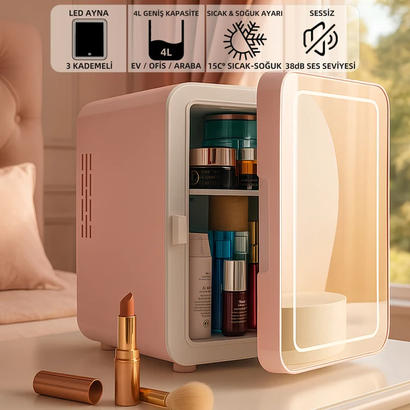 Mioji Mio 212 4L LED Işıklı Kozmetik Makyaj Krem Sıcak ve Soğuk Ayarlı Taşınabilir Fridge Mini Dolap - Pembe